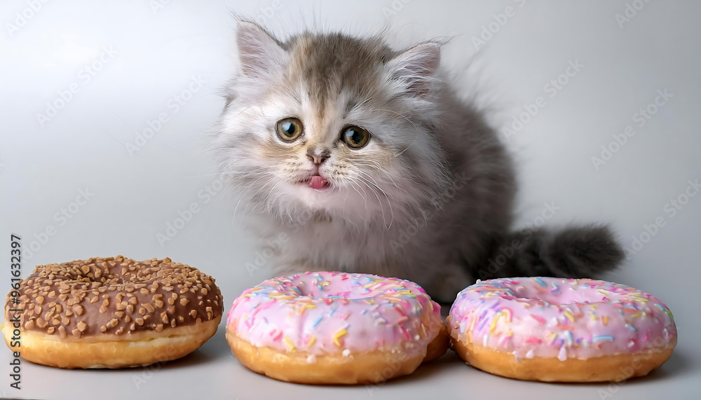 Wall mural baby persian cat eating a donut