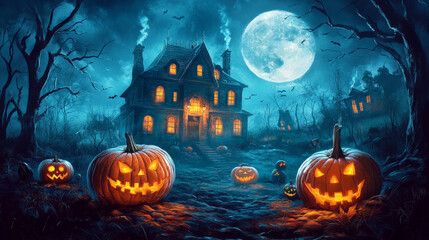 Haunted Mansion with Creepy Pumpkins and Full Moon – Halloween Scene
