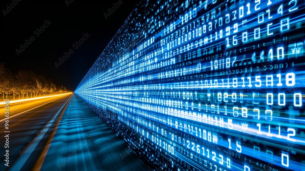 Poster digital data streams flowing alongside a highway at night with glowing blue binary numbers