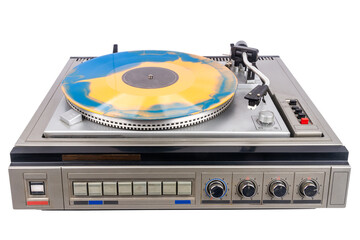 Obraz premium Vintage turntable record player with blue and orange vinyl isolated on white background.