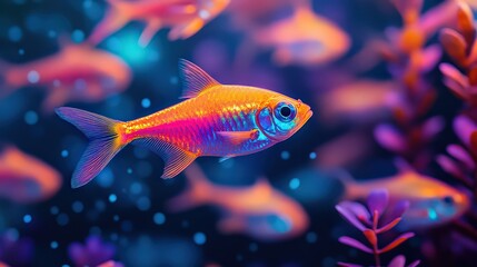 Fototapeta premium Bright, neon-colored fish swimming among vibrant aquatic plants in a dreamlike underwater scene. Captures beauty and diversity of tropical fish in their habitat.