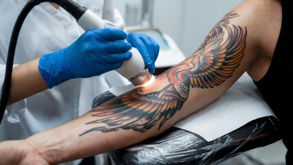 Professional tattoo removal process: laser treatment on arm with colorful phoenix design
