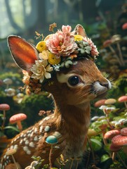 Obraz premium A charming fawn adorned with a floral crown amidst colorful mushrooms in a lush forest setting.