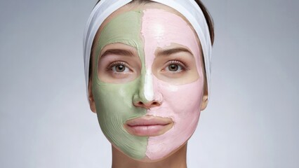 Woman with green and pink face mask. Skincare and beauty treatment. Relaxation and self-care concept. For spa advertisement. Portrait view with copy space.