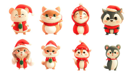 Obraz premium Cartoon animals in New Year's red costumes, no background, transparent background