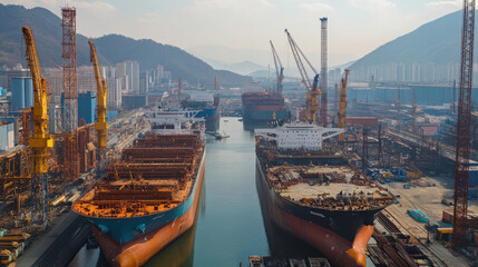 Obraz premium Shipbuilding yard in South Korea, with massive vessels under construction.