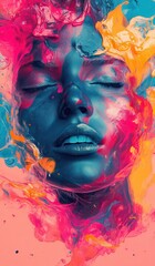 Vibrant portrait of a face immersed in dynamic colorful paint, exploring creativity and expression through vivid splashes of pink, blue, and orange
