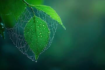 Dew-Covered Leaf Trapped in a Spider Web