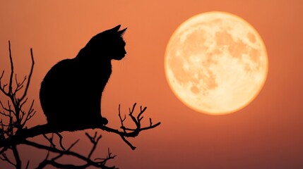 Silhouette of a black cat perched on a branch against a full orange moon.
