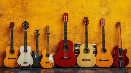 Fototapeta premium Collection of colorful musical instruments against a vibrant backdrop in a studio setting