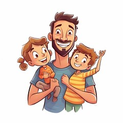 Happy father holding two joyful children in a cheerful moment