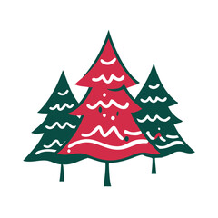 Obraz premium Stylized Christmas trees in a festive cartoon illustration on a white background
