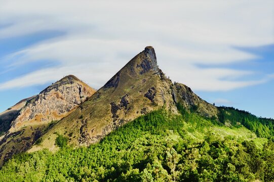 Two rocky mountain tops and valley, Koukkumalai, Western Ghats, Suryanelli, Theni, Tamilnadu, India, Asia