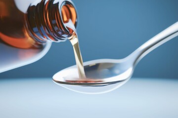 Close-up of liquid medicine being poured from a bottle onto a silver spoon against a soft blue background, highlighting the dosage.
