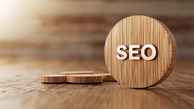 Round wooden block with SEO text representing digital marketing strategies and search engine optimization focus.