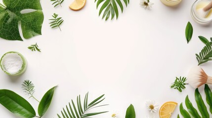 Promotion of cosmetic products with natural elements on white background.