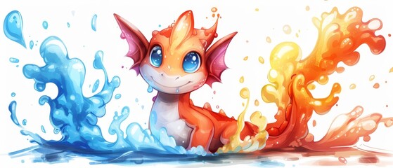 Fototapeta premium A depiction of an adorable orange and white feline with blue eyes and a water splash on its face