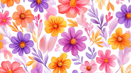 Obraz premium A vibrant floral pattern featuring colorful flowers on a white background, perfect for spring-themed designs.