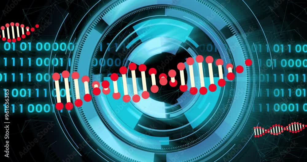 Poster dna strand and binary coding over futuristic digital interface animation