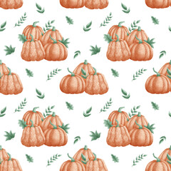 Seamless pattern of pumpkins with unique ornaments surrounded by green leaves on the light background