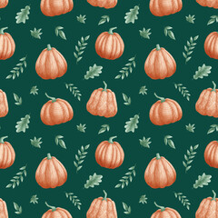 Seamless pattern with pumpkins and leaves on the green background