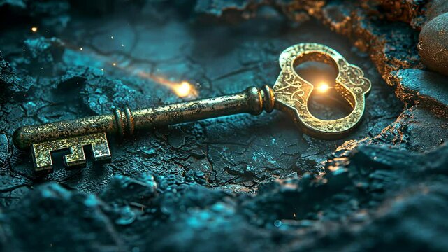 Ancient golden key on a textured blue surface, treasure and mystery concept