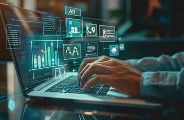 Fototapeta premium Digital Marketing and Data Analytics Concept - Laptop with Digital Ads and Analytics Display