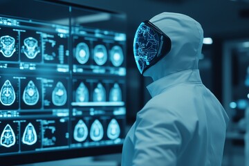 Futuristic medical professional analyzing brain scans on a digital screen in a high-tech lab environment.