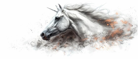  A white horse painted against a pristine white backdrop, its face and head adorned with orange and black stripes