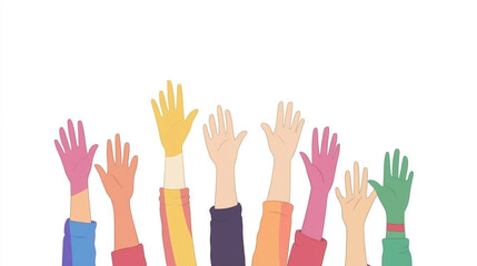 Obraz premium Colorful hands raised in celebration, showcasing diversity and unity. Perfect for illustrating teamwork and collaboration.