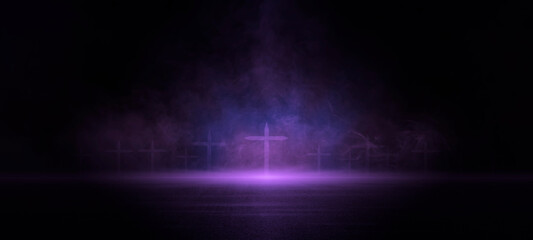 Halloween background or wallpaper, purple dark blue gradient, Abstract light, spooky moon night smoke float up, asphalt floor, dark scene, cemetery for holiday poster, Creepy mystical with cross