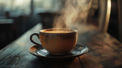 Fototapeta premium Vintage-style coffee cup with a saucer, steaming coffee with a cozy, nostalgic feel.