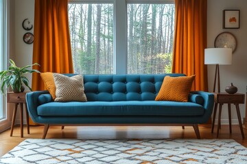 Contemporary Living Room with Blue Sofa and Orange Curtains