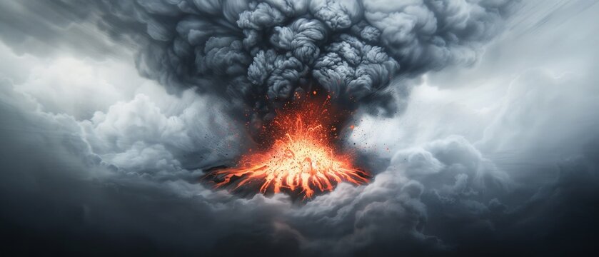  A monochrome image of a volcano against a clear sky, emitting copious amounts of smoke