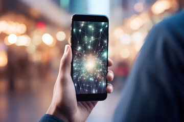 The hands close up holding a smartphone with blurred digital connections in the background