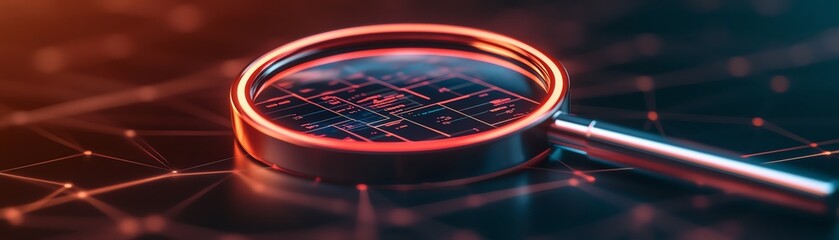 A close-up image of a magnifying glass over a digital interface, symbolizing data analysis and technology exploration.