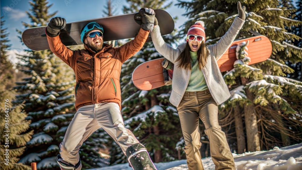 Wall mural happy couple of snowboarders are having fun