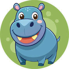 A cute little light green-blue hippo smiles brightly and cheerfully, showing two teeth.vector illustrator.