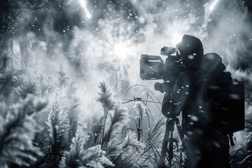 Fototapeta premium A photographer captures stunning visuals through a professional camera amidst snow-covered foliage in a mystical, illuminated forest setting