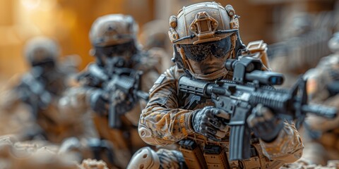 A team of soldiers dressed in full tactical gear engages in a high-stakes mission, each carrying advanced weaponry and exhibiting focused determination in a challenging combat environment