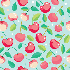 Seamless pattern with bright red, bright pink, cherry on a light green blue background. Vector