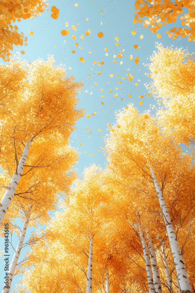 Poster a yellow autumn background featuring a cluster of trees with vibrant yellow leaves against a clear b
