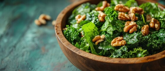 Fresh Green Kale Salad with Walnuts in Wooden Bowl