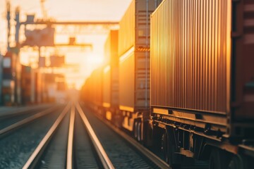 Obraz premium Sunset Glow over Shipping Containers: A Captivating View of Freight Transportation Efficiency