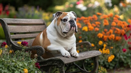 A bulldog lounging on a bench surrounded by vibrant flowers in a garden setting.
