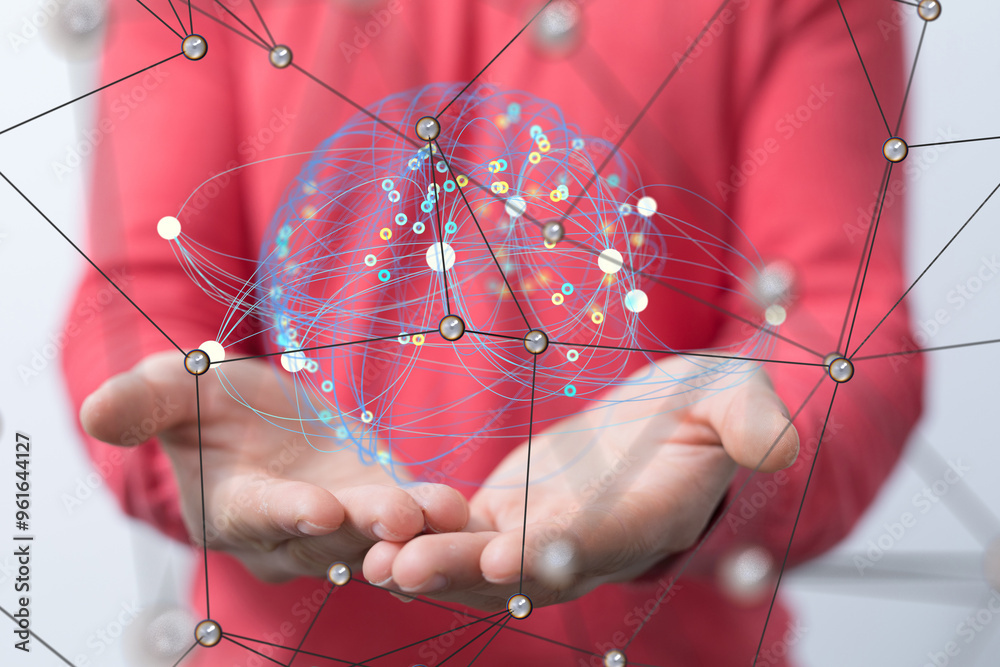 Fototapete Global network. Blockchain. 3D illustration. Neural networks and artificial intelligence. Abstract