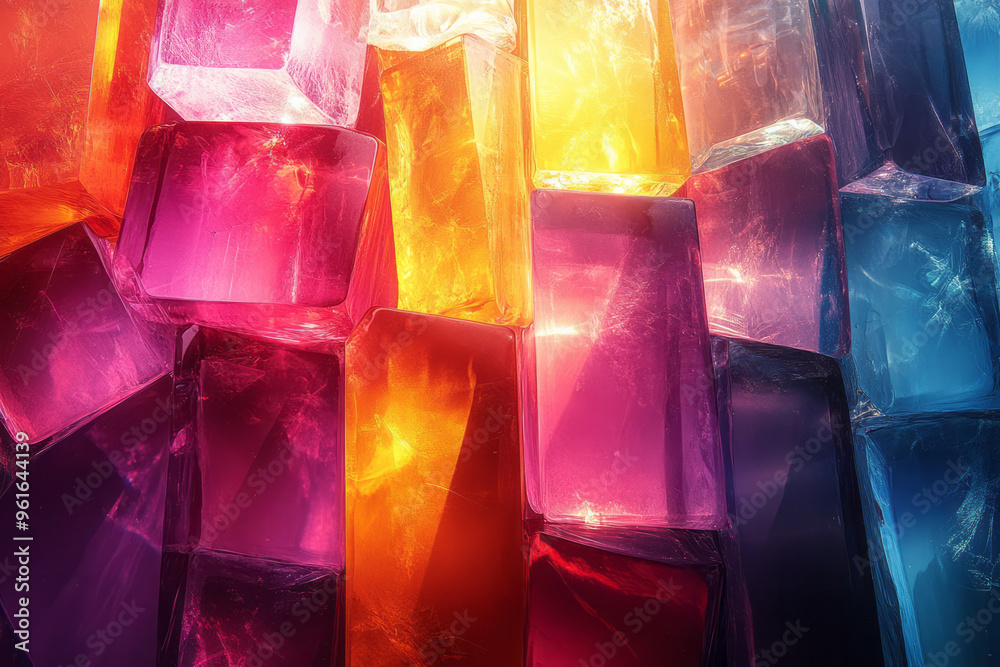 Poster an abstract composition of multiple glass prisms reflecting and refracting light into a chaotic, bea