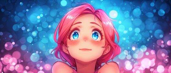 Fototapeta premium A girl in pink hair and blue eyes sits before a blue-pink bokeh backdrop with floating bubbles