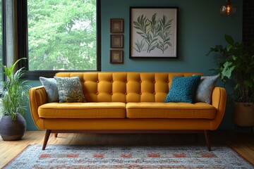 Obraz premium Yellow Velvet Couch in Modern Living Room | Comfortable Seating
