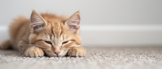  A tight shot of a cat dozing on a carpet, its head lowered and eyes shut